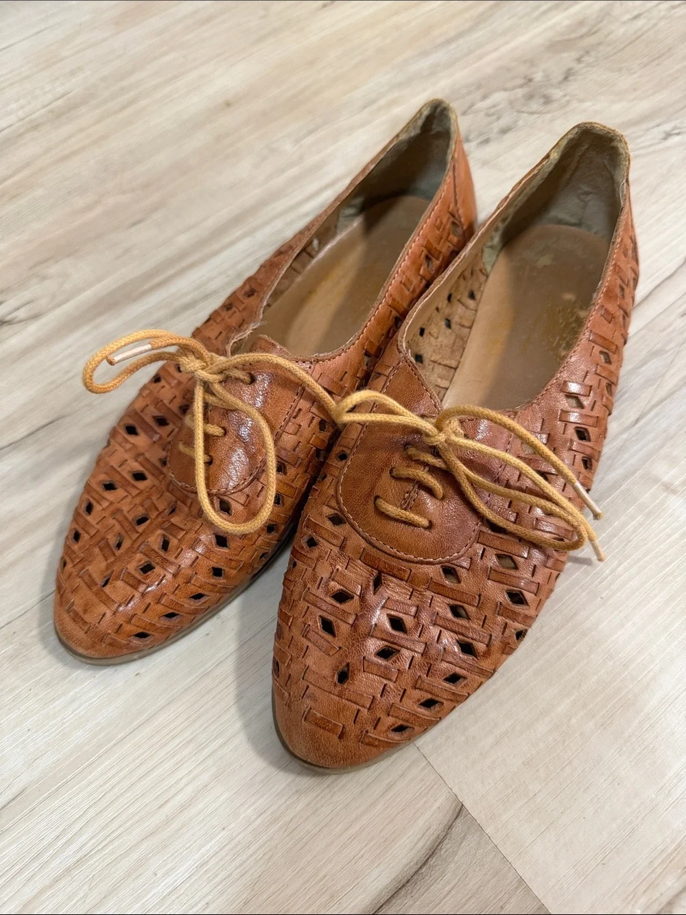 Brown Leather Huarache Oxford Flats Size Marked 38 40 Woven Boho Shoes